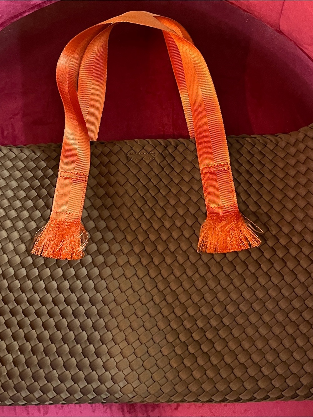 Ah-Dorned New York Womens Shoulder Bag Orange Handles, Large Cross body strap